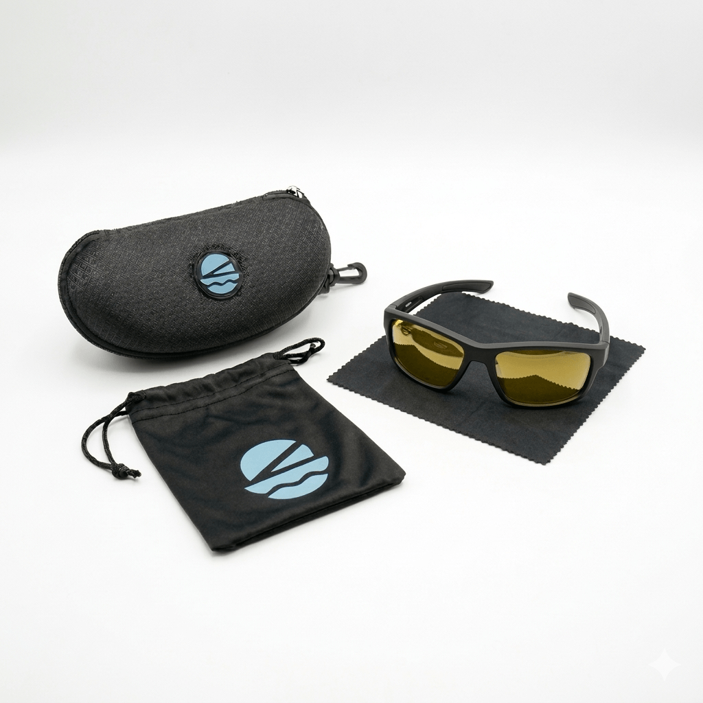 A pair of cool fishing sunglasses with amber/yellow lenses, resting on an unfolded black microfiber cleaning cloth with serrated edges to the right.