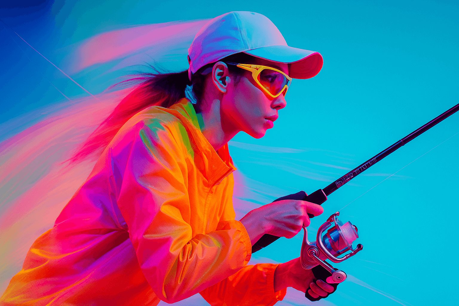 Sporty angler wearing cool fishing sunglasses and a colorful jacket, focused on casting a line against a vibrant background.