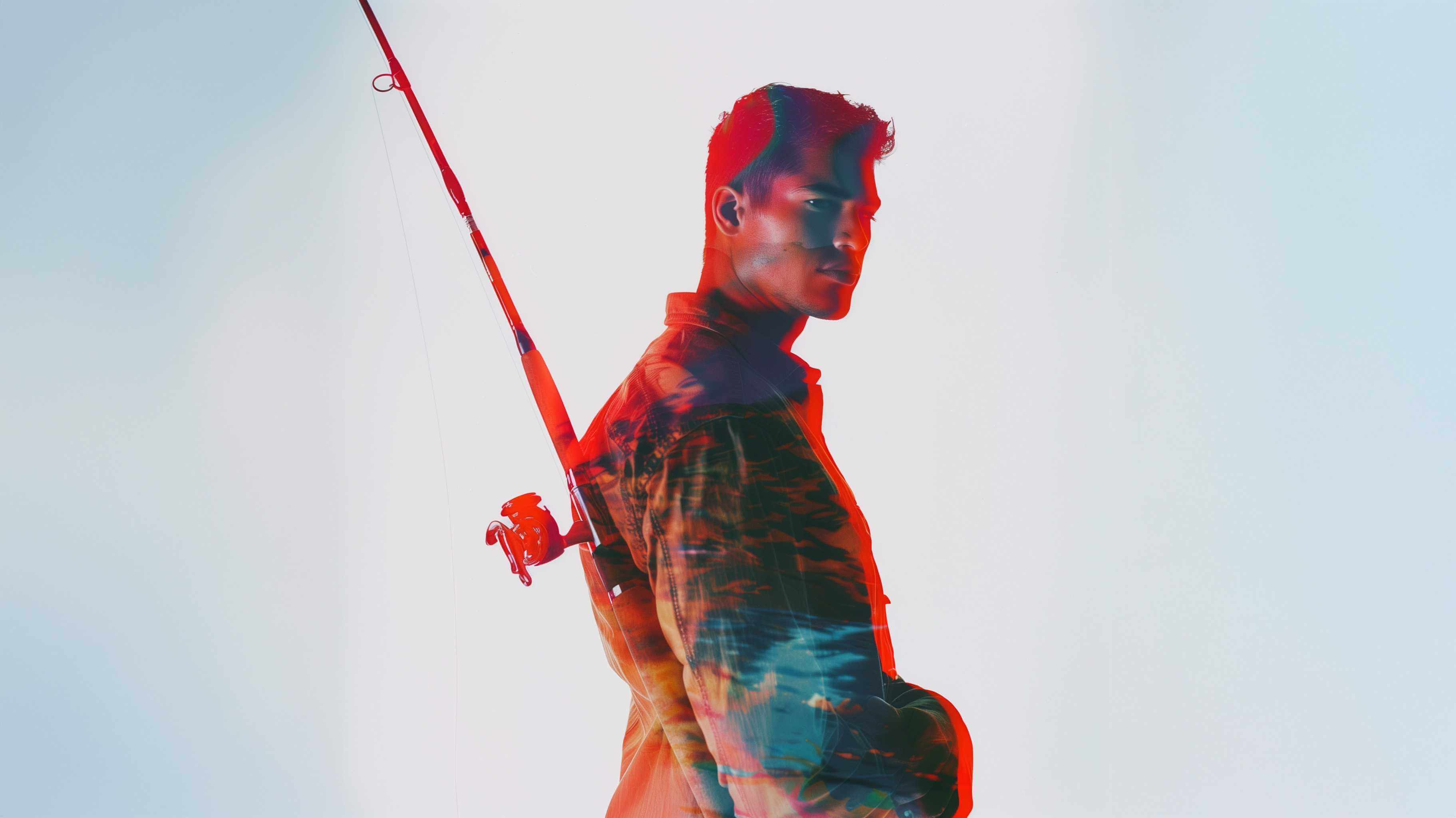 Male angler holding a fishing rod, bold double exposure lifestyle shot for fishing gear brand